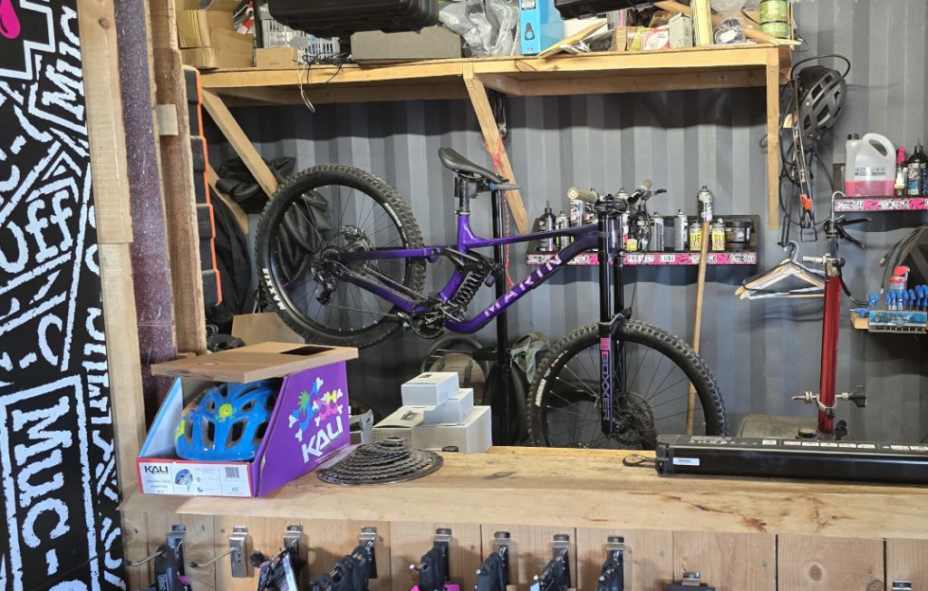 A close up image showing the mechanics area within the bike shop