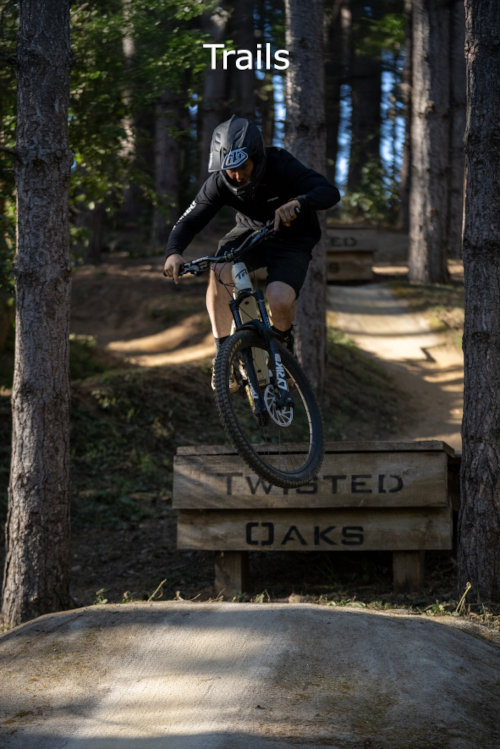 A link image to the trails page showing a rider riding oer a drop